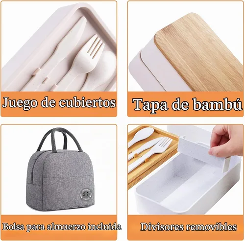 Vista 4 de Lonchera japonesa de bambú Bento con compartimentos y utensilios, apilable, incluye bolsa de almuerzo para preparación de comidas, color beige