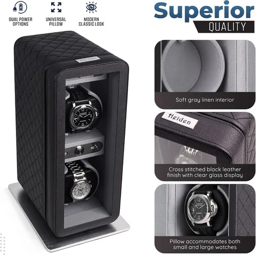 Vista 3 de Heiden Monaco - Bobinadora de reloj doble en cuero negro, funciona con pilas o adaptador de CA, 12 ajustes de programa, cuero vegano cosido