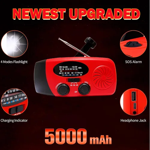 Vista 3 de Radio meteorológica de emergencia con manivela de emergencia de 18500mWh/5000mAh, radios solares iRonsnow NOAA/FM/AM, radio de supervivencia Rojo