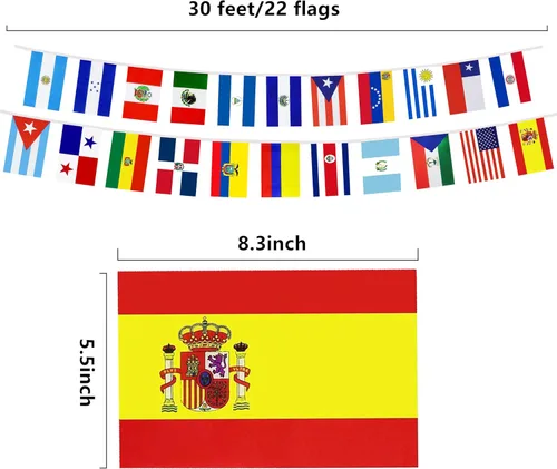 Vista 2 de Banderas de cuerda para decoración de América Latina, 22 banderas de países de habla española, banderines para decoración de eventos del mes
