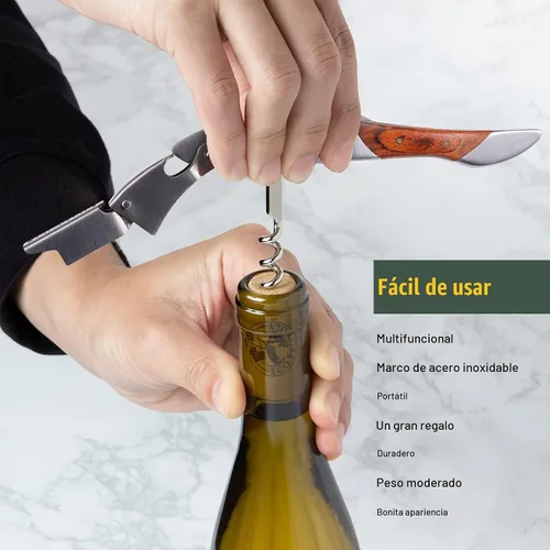Vista 5 de Sacacorchos para camareros, abrebotellas de vino, acero inoxidable resistente, mango de palisandro, llave de vino en forma de tiburón, regalo