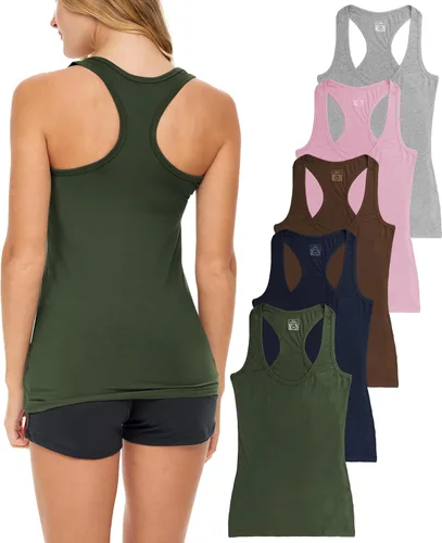 Vista 14 de Sexy Basics Paquete de 5 camisetas sin mangas PowerFlex con espalda nadadora para mujer / Camisetas sin mangas elásticas de algodón y elastano