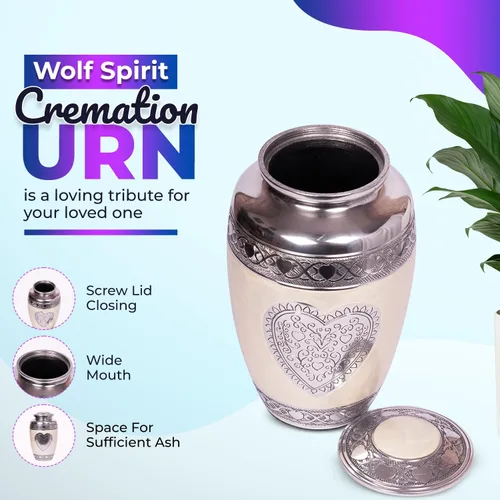 Vista 2 de hlc Urnas - Urna de cremación de corazón, urna funeraria para cenizas humanas, urna de entierro con grabado detallado, 100% aluminio, tamaño grande