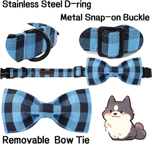 Vista 3 de Unique style paws Collar de perro de algodón con lazo, collar para cachorro con cuadrícula negra y azul para perros pequeños, medianos y grandes