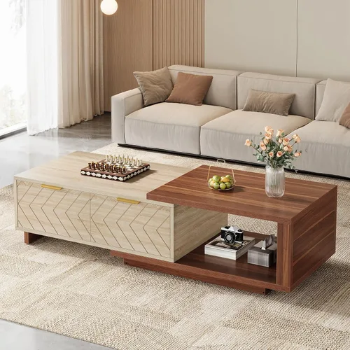Vista 8 de Tribesigns - Mesa de café extensible con 2 cajones de almacenamiento, mesa central de dos tonos con tablero deslizante, mesa de cóctel rectangular