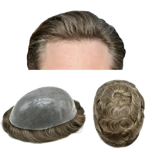 Vista 17 de Toupee para hombres Sistema de reemplazo de cabello humano PU piel fina V-looped Hair Piece Nature Hair System para hombre Toupee 6X8#1B Off Black