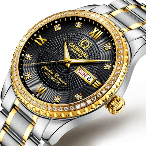 Vista 2 de Gosasa Relojes de oro de lujo hechos en Suiza, relojes de diamantes de acero inoxidable dorado luminoso de la semana del calendario de la exhibición