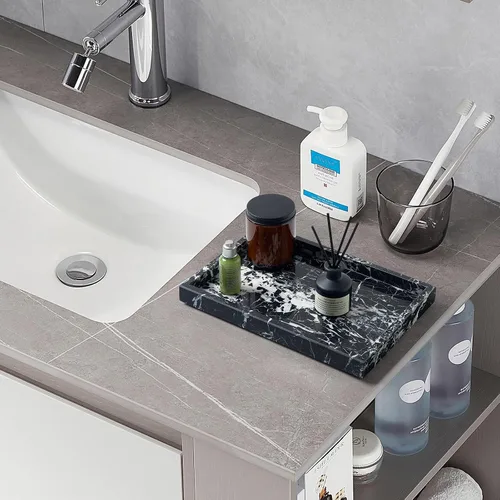 Vista 4 de Bandeja de mármol natural real para baño, tocador, cocina y escritorio, bandeja rectangular de piedra de mármol genuino para joyas, cosméticos