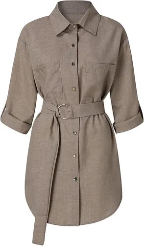 Vista 3 de FOVIGUO Vestido sexy de manga larga con botones para mujer, vestido de gasa con solapa y cinturón