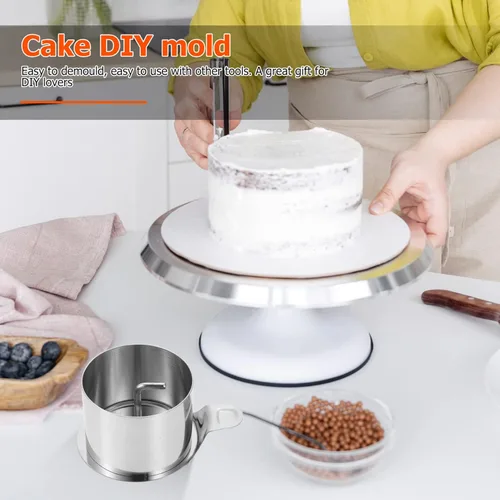 Vista 2 de OSALADI Anillo para pastel, molde redondo de acero inoxidable para mousse de postre con empujador y levantador de anillos de cocina