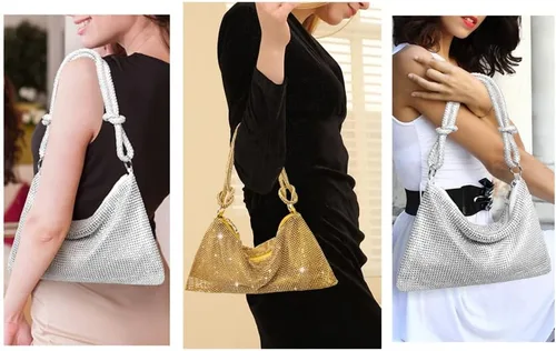 Vista 2 de Bolso Hobo con diamantes de imitación para mujer elegante bolso de noche brillante plateado con diamantes de imitación bolso dorado para graduación