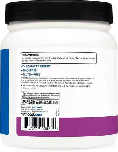 Vista 4 de Nutricost BCAA Polvo (Uva, 60 porciones) - Relación óptima 2:1:1, apto para vegetarianos, sin OMG, sin gluten Apto para vegetarianos, sin OMG