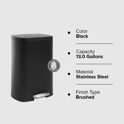 Vista 6 de Basurero de 13 galones de acero inoxidable de 50 litros, cubo de basura de metal para el hogar y la cocina, color negro