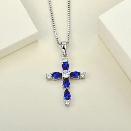 Vista 105 de YL Collar de cruz de plata de ley 925 con colgante de piedra natal religiosa para mujer