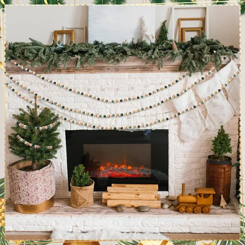 Vista 4 de WILLBOND Guirnalda de cuentas de madera de Navidad de 16 pies para árbol de Navidad, decoración de vacaciones (verde salvia)