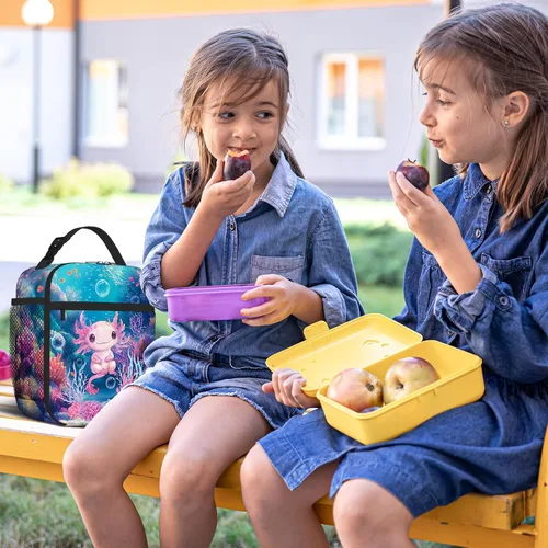 Vista 7 de Axolotls - Lonchera para niñas y niños, con diseño de animales del océano azul, reutilizable, aislada, impermeable, a prueba de fugas, térmica
