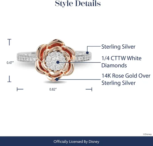 Vista 7 de Jewelili Enchanted Disney Fine Jewelry Anillo compuesto de oro rosa de 14 quilates sobre plata esterlina 1/4 Cttw Belle Rose