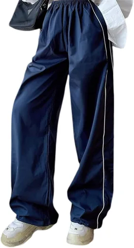Vista 2 de KMBANGI Pantalones de paracaídas para mujer, holgados Y2k, pantalones deportivos con cintura elástica, rayas laterales, pantalones deportivos