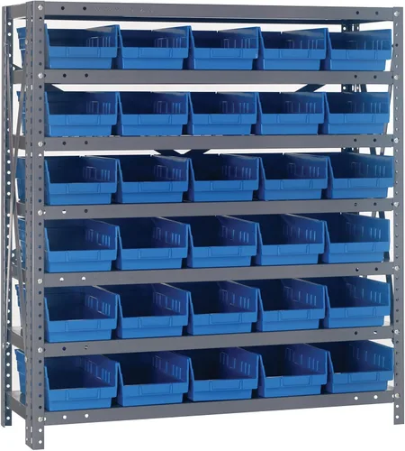 Vista 154 de Quantum QSBU-245BK Heavy Duty Shelving Unit with (7) Shelves and (24) QUS245 Black Bins for Garage Warehouse Storage Distribution 400 lb Load