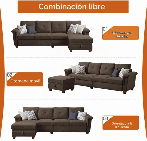 Vista 6 de Sofás seccionales de 4 asientos para sala de estar, dormitorio, oficina con almacenamiento, sofá modular convertible en forma de L con otomana y Café