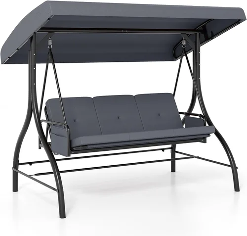 Vista 11 de Tangkula Columpio para porche para 3 personas, columpio convertible 2 en 1 para exteriores con toldo ajustable, cojines extraíbles, marco de metal