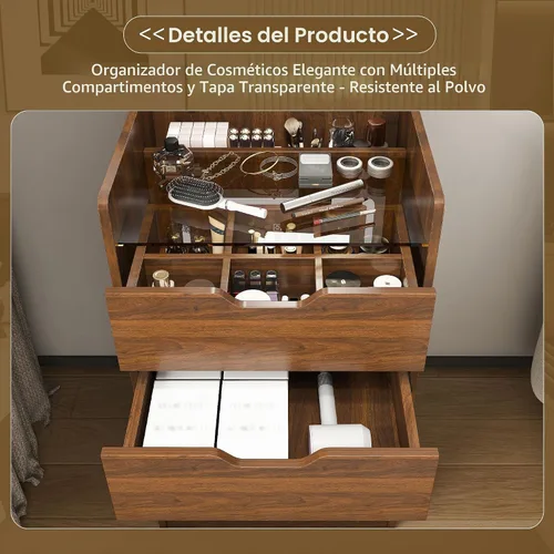 Vista 6 de Escritorio de tocador abatible con espejo iluminado LED y toma de corriente integrada, mesa de tocador de maquillaje con 2 cajones, almacenamiento