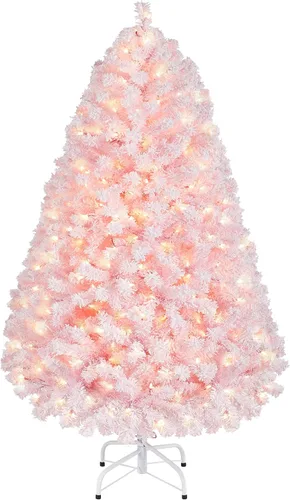 Vista 20 de Yaheetech - Árbol artificial de Navidad preiluminado de 9 pies con luces incandescentes de color blanco cálido, árbol de Navidad con flecos de Verde