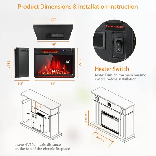 Vista 5 de ORALNER Inserto de chimenea eléctrica de 25 pulgadas, calentador de chimenea empotrado con brillo ajustable, control remoto y temporizador de 6