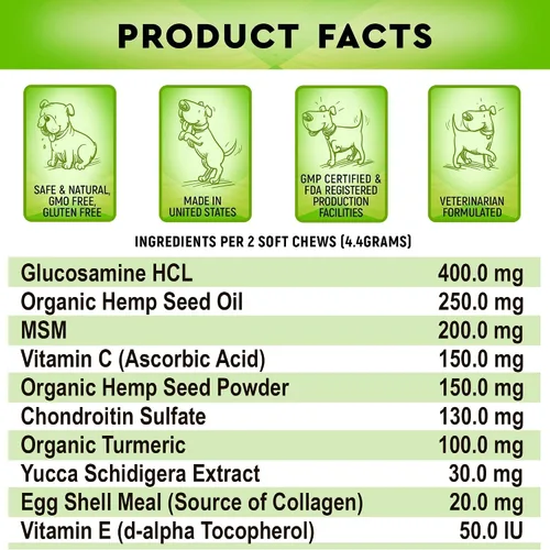Vista 2 de Combo de masticables de cáñamo + glucosamina para comedores exigentes, pato y tocino, suplemento avanzado de cadera y articulaciones con aceite