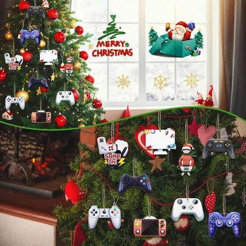 Vista 5 de Kathfly 27 piezas de adornos de videojuegos navideños para árbol de Navidad, controlador de sistema de madera, etiqueta colgante para fiesta