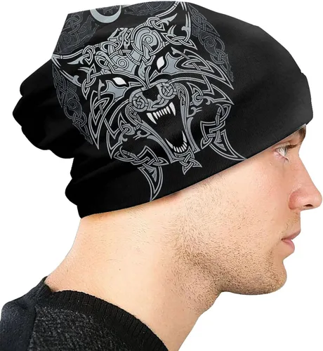 Vista 4 de Gorro de lana vikingo celta para hombre, diseño de mito nórdico Fenrir 3D, gorro de punto fino cálido para exteriores