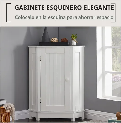 Vista 8 de Gabinete de almacenamiento de esquina para el hogar, gabinete de piso triangular para baño, gabinete de esquina independiente de madera con puerta