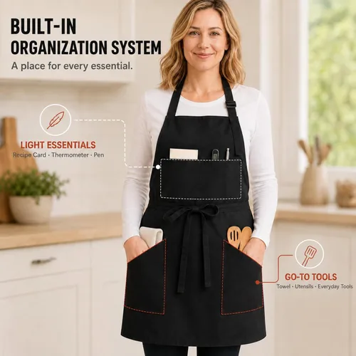 Vista 3 de SHEOMERN The Organizer Apron, 4-Pocket Design, 3 Pack, Unisex Black Kitchen Work Apron for Men and Women