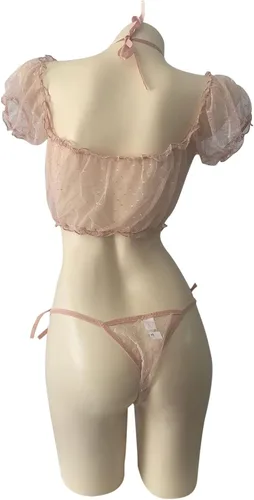 Vista 8 de Womens Sexy Lingerie Off Shoulder Lace See Through Bow Babydoll Bra and Panties Thong Chemise Split Sexy Roleplay Underwear