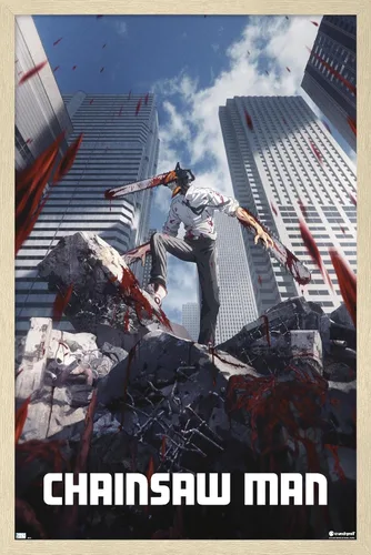 Vista 7 de Chainsaw Man - Póster de pared de arte clave, 22.4 pulgadas de largo x 14.7 pulgadas de ancho, versión enmarcada de madera de granero