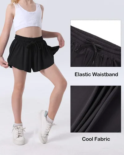 Vista 3 de KEREDA Pantalones cortos fluidos para niñas, pantalones cortos de mariposa para niñas adolescentes con forro de elastano 2 en 1 para correr