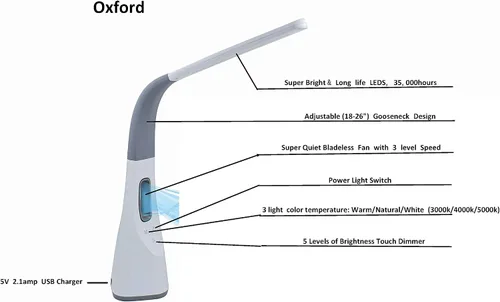Vista 3 de Artiva USA Lámpara de escritorio LED ajustable Oxford con ventilador sin aspas y cargador USB