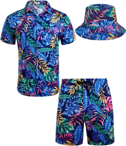 Vista 10 de EISHOPEER Conjunto hawaiano de flores para hombre, camisa de manga corta y pantalones cortos, trajes con sombreros de pescador