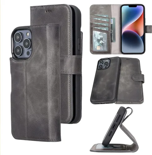 Vista 20 de Bayelon Funda para iPhone 14, funda de cuero de grano completo, [2 en 1], funda magnética desmontable con ranuras para tarjetas, soporte y función
