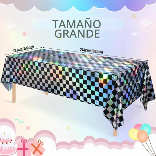 Vista 2 de Paquete de 1 mantel de plástico a cuadros negros e iridiscentes, manteles rectangulares desechables con láser, mantel de papel de aluminio Negro e