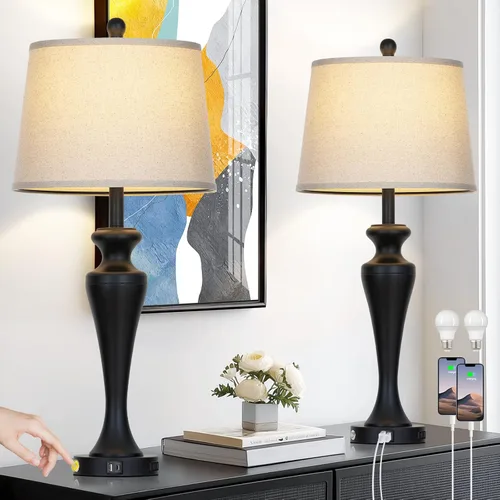 Vista 10 de Lámpara de mesa marrón oscuro de 30 pulgadas, lámpara de noche individual con control táctil de 3 vías con puertos USB A+C y salida de CA, lámparas