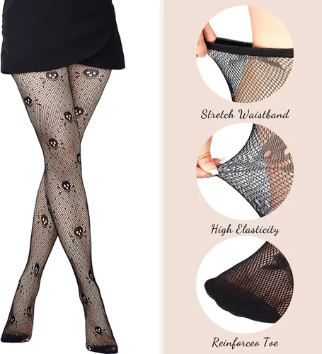 Vista 2 de SATINIOR 4 Pcs Halloween Fishnet Tights Fishnet Thigh High Stockings Goth Skull Stocking for Women
