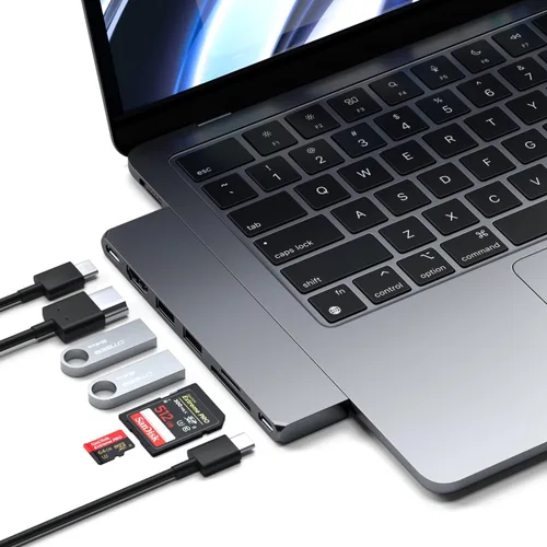 Vista 9 de Satechi Adaptador multipuerto USB C 7 en 1 Pro Slim, USB C Dongle, carga de 100 W, HDMI 4K, USB 4, USB 3.2 Gen 2, lector de tarjetas SD/Micro