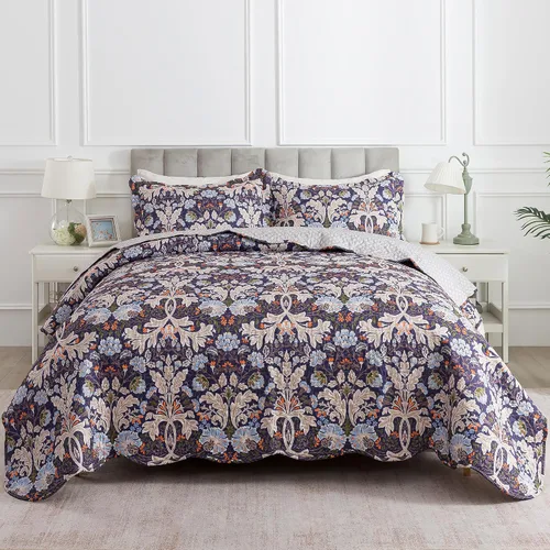 Vista 39 de Juego de cama de dos piezas, tamaño individual, de microfibra, reversible, de retazos, estilo floral, todas las estaciones, patrón de porcelana azul