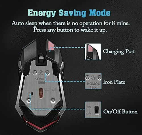 Vista 5 de Scettar Ratón inalámbrico para juegos, mouse recargable para juegos de computadora, clic silencioso, 7 luces LED, 3 DPI ajustables, placa de hierro