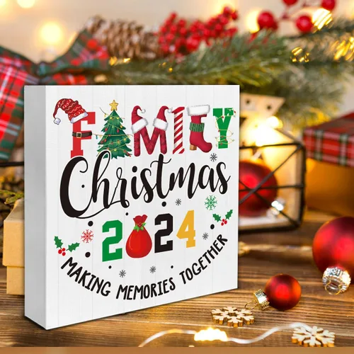 Vista 4 de Señal de madera de Navidad 2024 para el hogar, decoración familiar, decoración de mesa de Navidad de 5 x 5 pulgadas