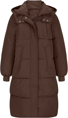 Vista 4 de Chaqueta larga con capucha para mujer, abrigo largo con capucha de pelo grueso, con cremallera completa, acolchado, con cinturón y lazo