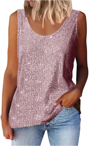 Vista 8 de Camisetas de lentejuelas para mujer, sin mangas, cuello redondo, brillante, sexy, para fiesta, camiseta sin mangas brillante