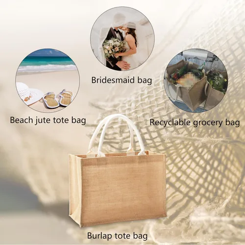 Vista 5 de Bolsas de viaje de yute, juego de 10 bolsas de arpillera, medianas de 14.5 x 6.7 x 10.2 pulgadas, bolsa reutilizable para fiestas, bodas, playa