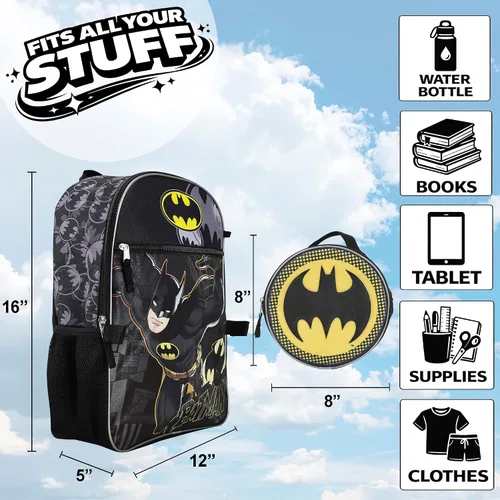 Vista 2 de DC Comic Book Batman Symbol - Juego de accesorios de mochila de 5 piezas para niños